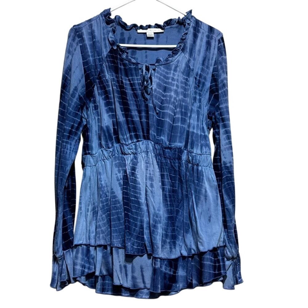 Boston Proper Women's Tie Dye Ruffle Collar Tie Neck Flowy Tunic Size Medium